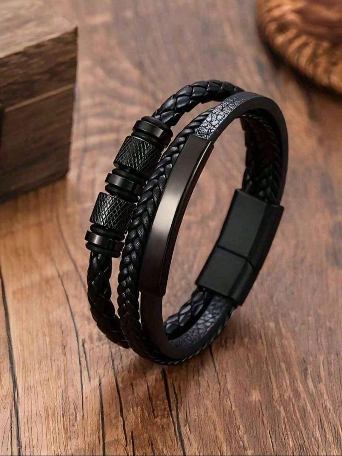 Men's Curved PU Leather Braided Wristband Bracelet