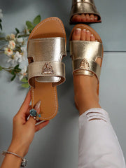 Women's Tiger Head Buckle Decor Open Toe Slip-On Flat Slide Sandals