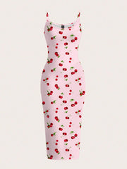 Women's Cherry Print Bodycon Cami Midi Dress