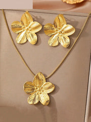 Women's Elegant Gold Plated Stainless Steel Flower Necklace and Earring Set