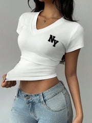 Women's Casual New York Graphic Ruched V-Neck Crop T-Shirt