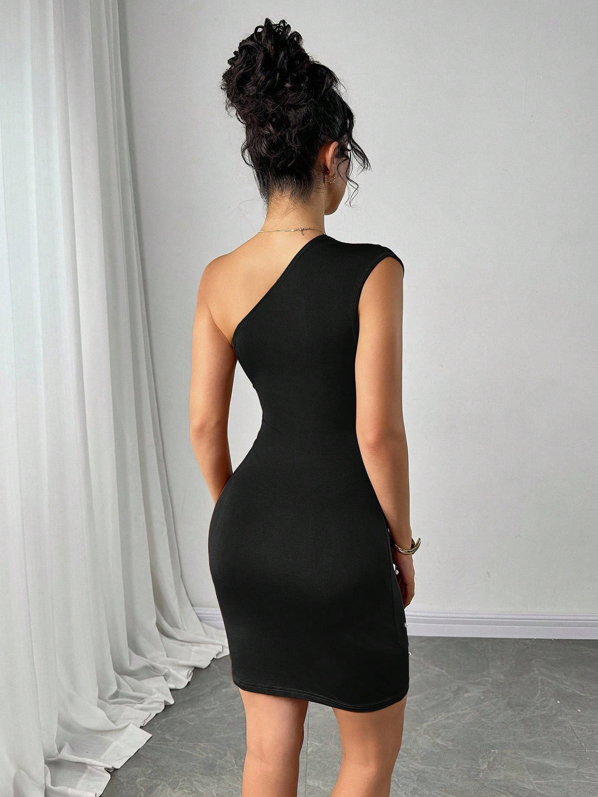 Women's Faux Pearl Decor Ruched Bodycon Mini Dress