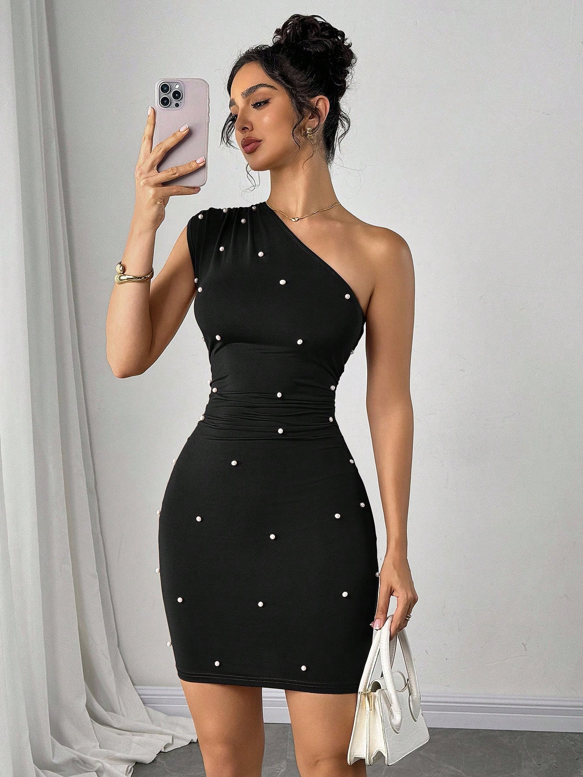 Women's Faux Pearl Decor Ruched Bodycon Mini Dress