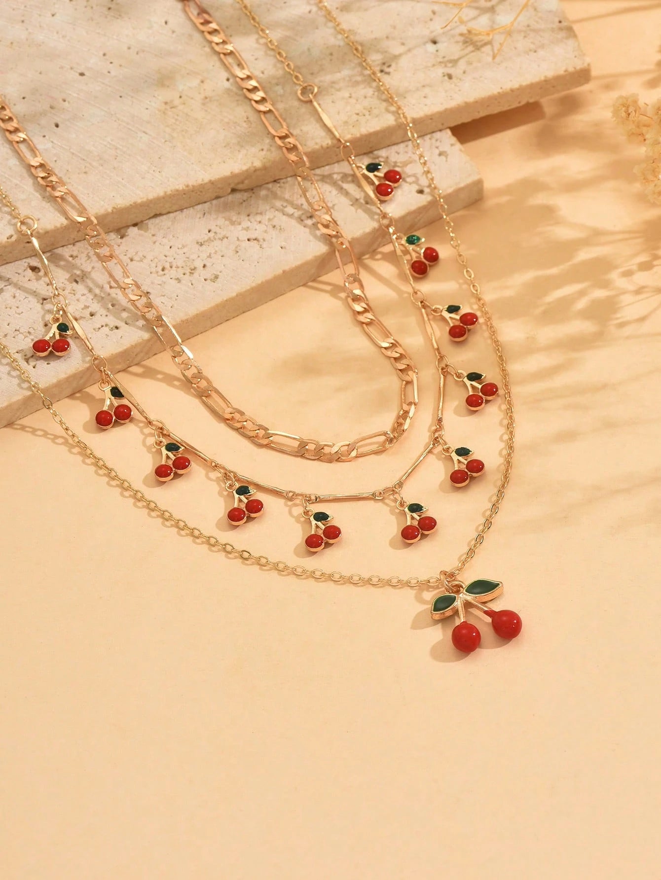 Women's Sweet Enamel Cherry Pendant Metal Chain Necklace Set