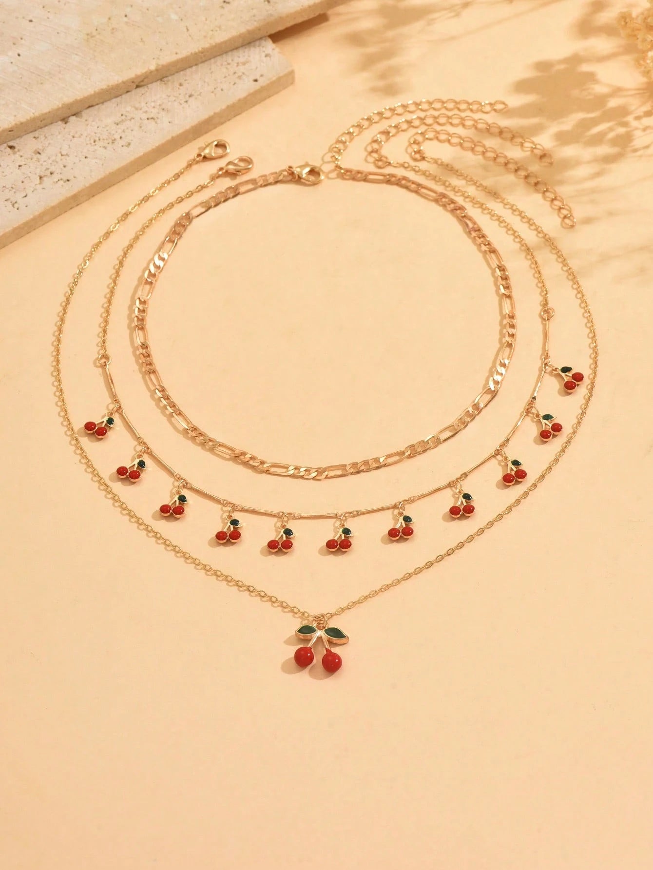 Women's Sweet Enamel Cherry Pendant Metal Chain Necklace Set