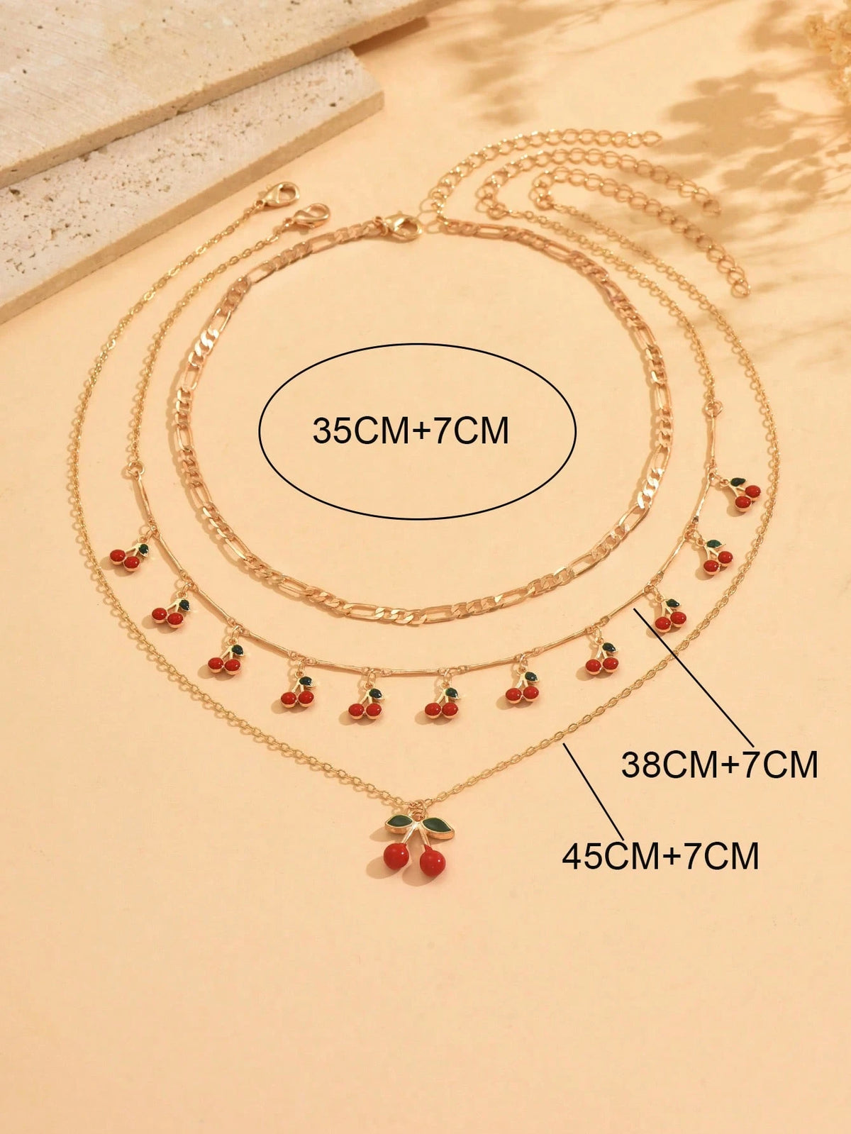 Women's Sweet Enamel Cherry Pendant Metal Chain Necklace Set
