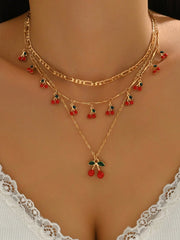 Women's Sweet Enamel Cherry Pendant Metal Chain Necklace Set