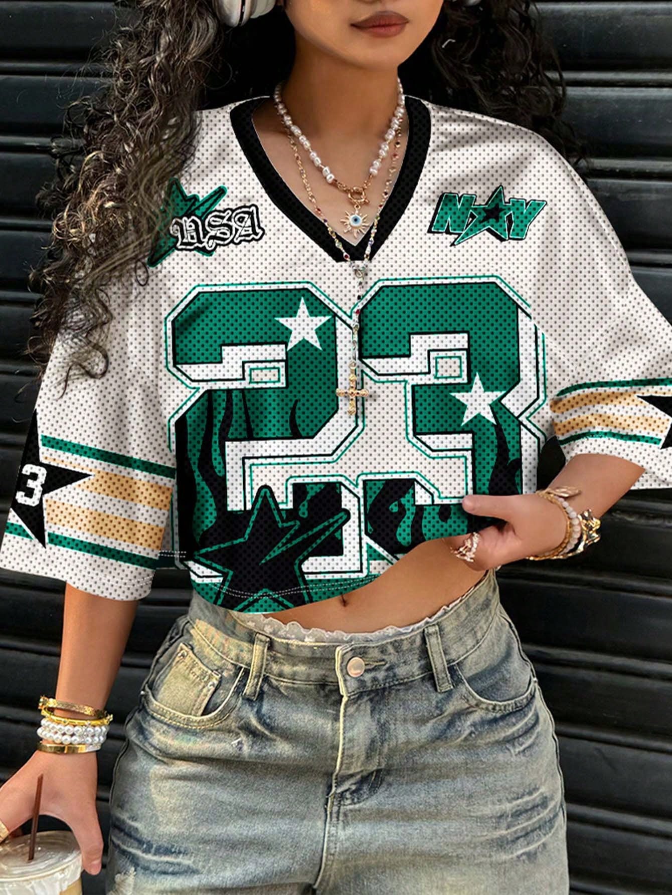 Slaydiva 23# V-Neck Cropped Mesh T-Shirt 5/8 Sleeve