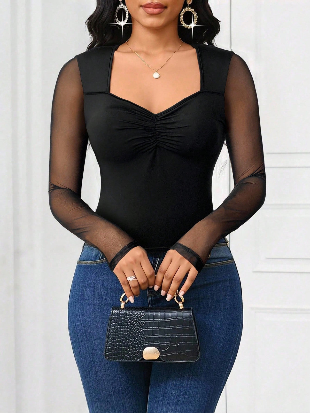 Women's Sweetheart Neck Mesh Patchwork Long Sleeve T-Shirt