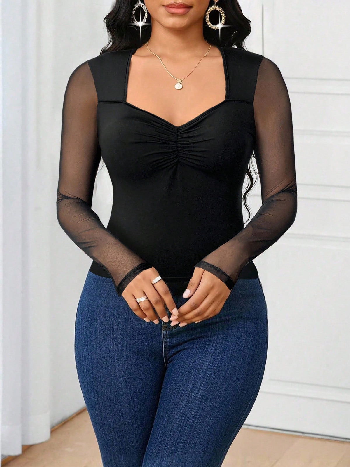 Women's Sweetheart Neck Mesh Patchwork Long Sleeve T-Shirt