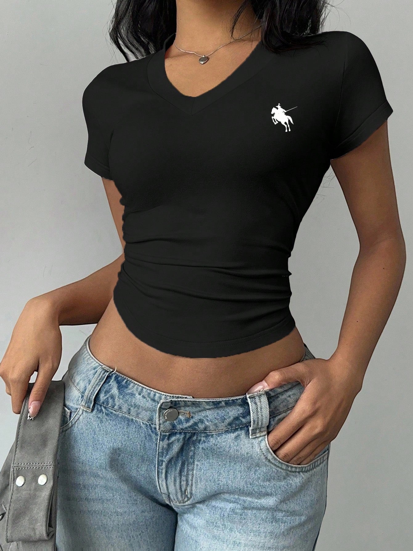 Women's Casual Horse Graphic Ruched V-Neck Crop T-Shirt