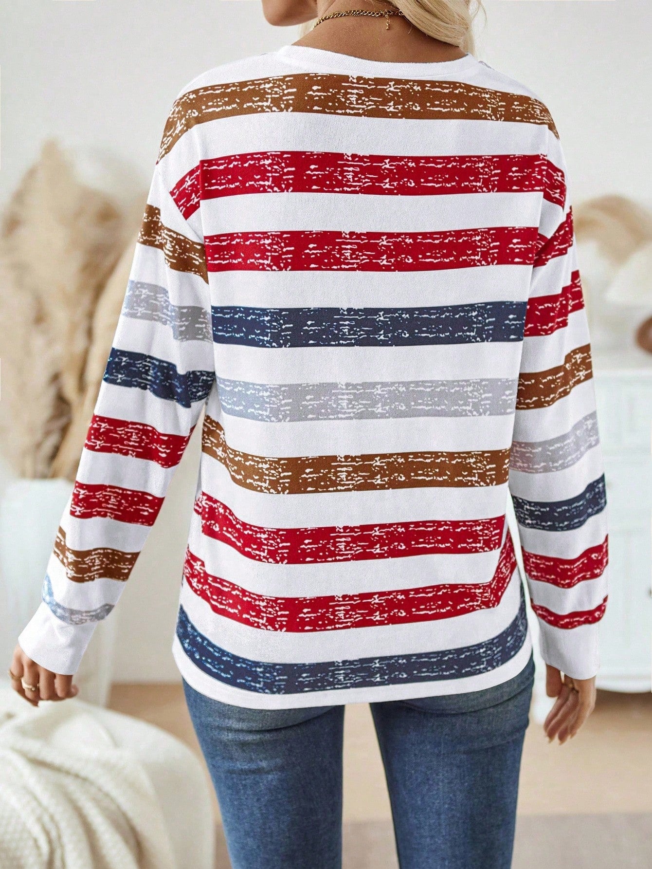 EMERY ROSE Women's Crew Neck Striped Long Sleeve Casual Top