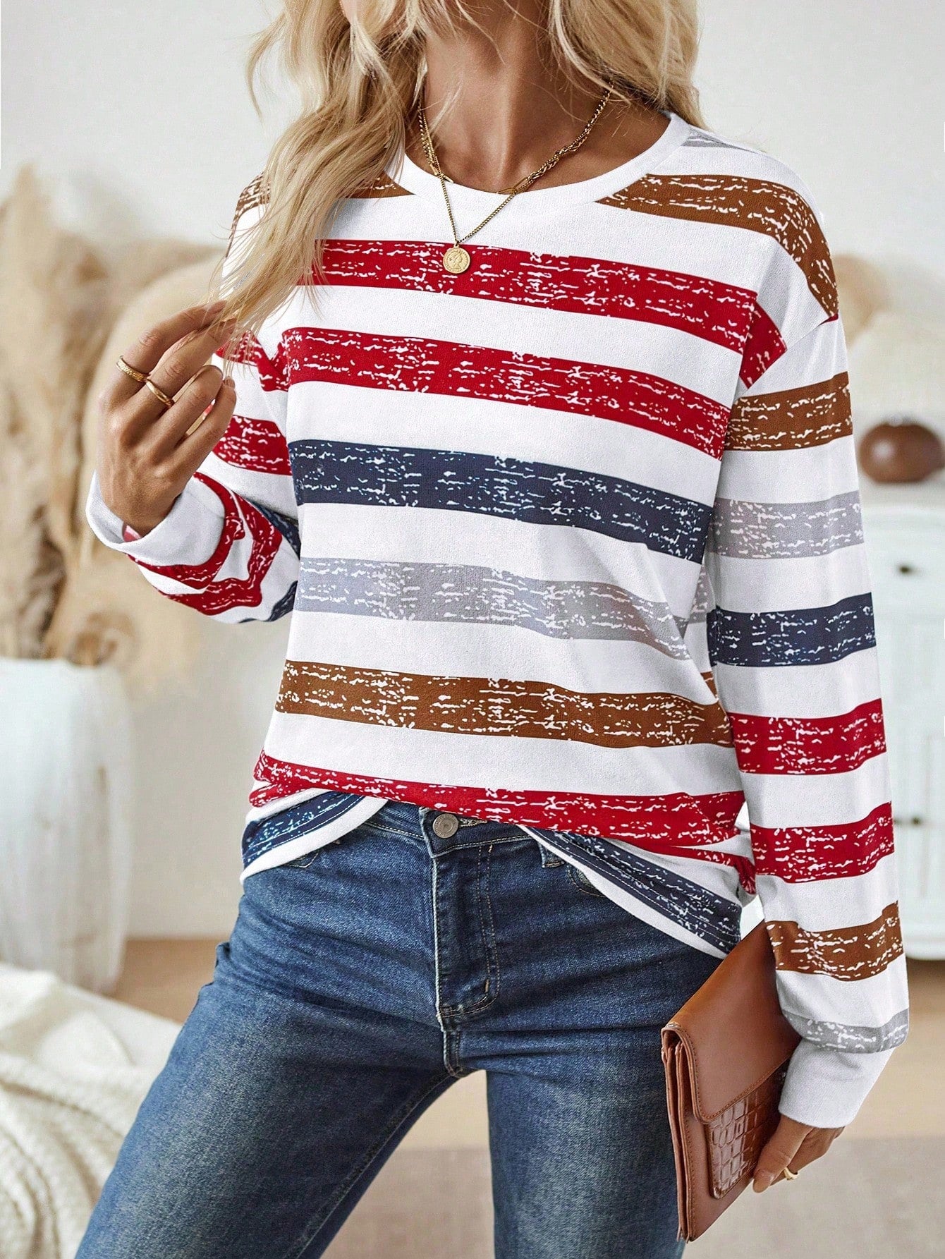 EMERY ROSE Women's Crew Neck Striped Long Sleeve Casual Top