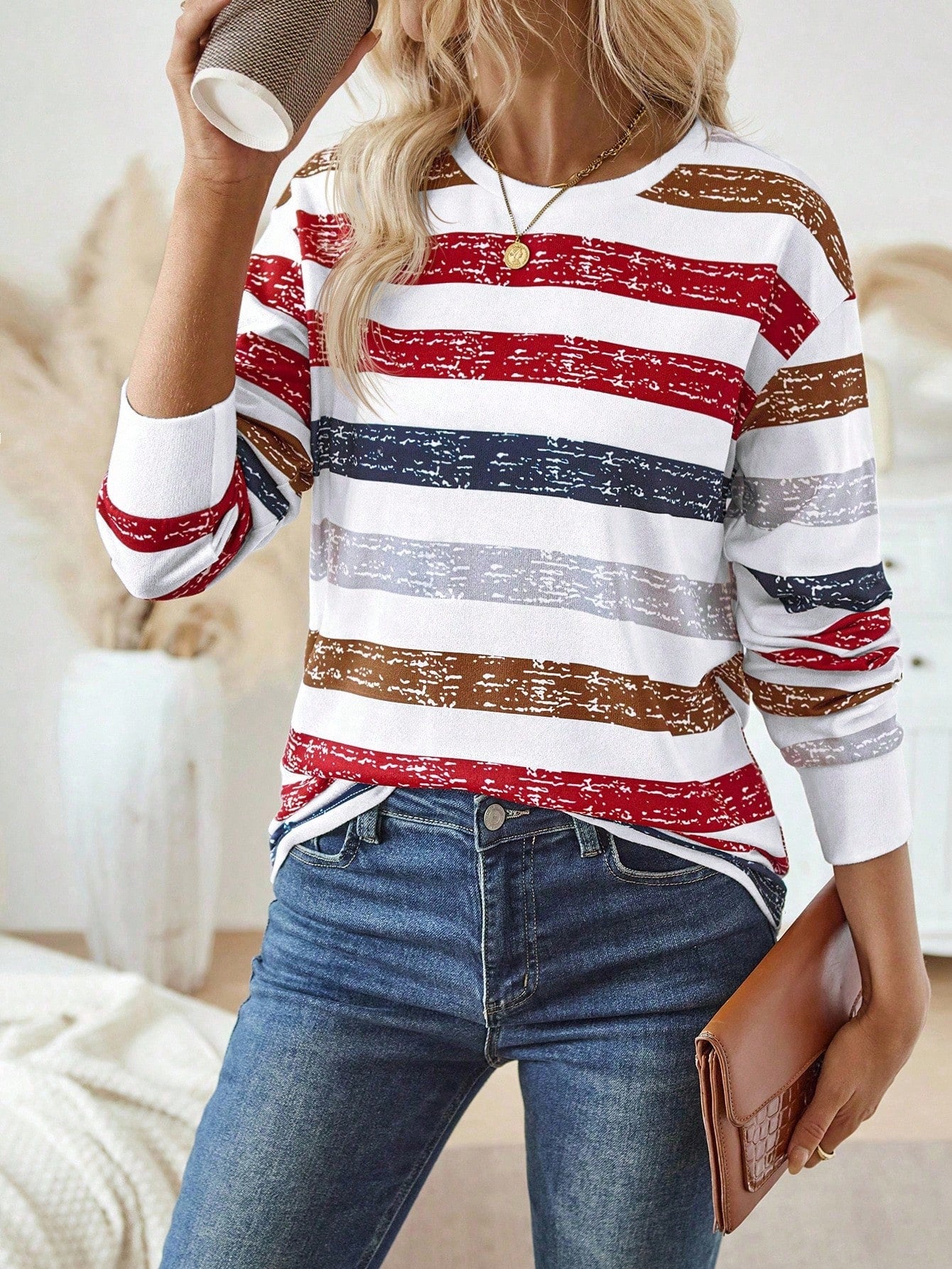 EMERY ROSE Women's Crew Neck Striped Long Sleeve Casual Top