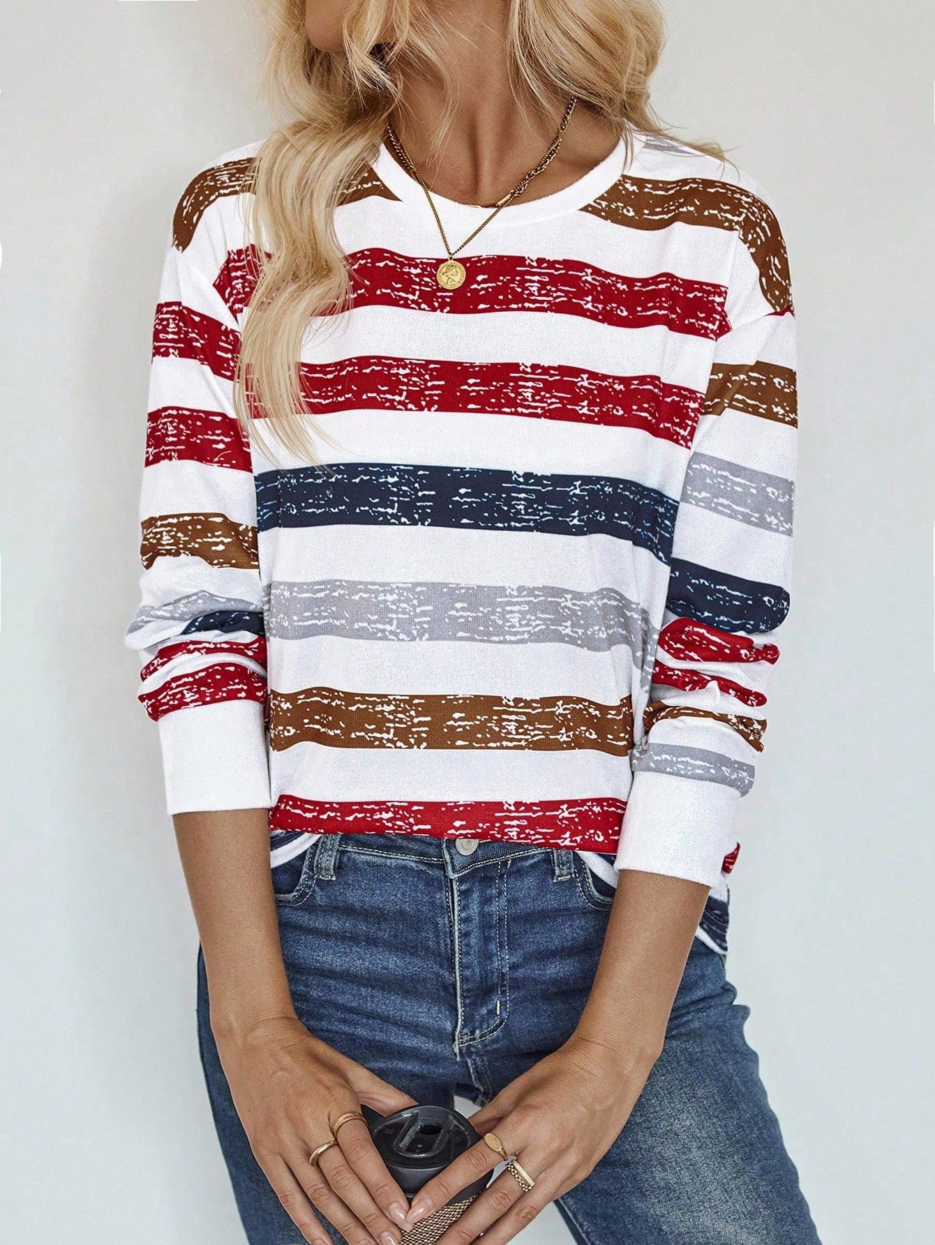 EMERY ROSE Women's Crew Neck Striped Long Sleeve Casual Top