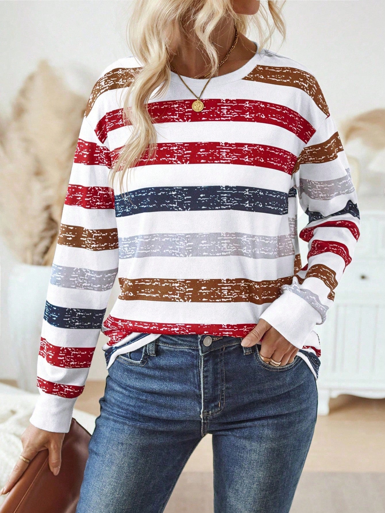 EMERY ROSE Women's Crew Neck Striped Long Sleeve Casual Top