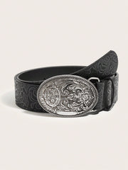 Women's Vintage Grape Pattern Oval Buckle PU Belt