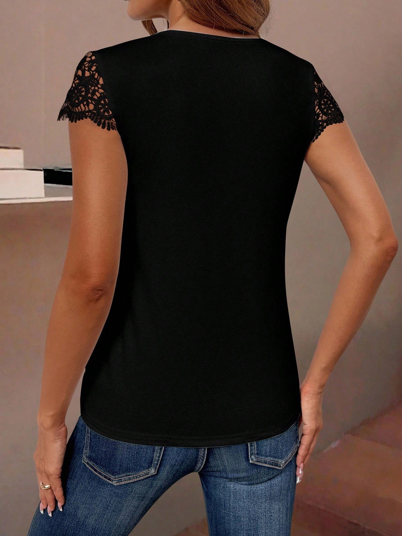 Women's Casual V-Neck Lace Patchwork Short Sleeve Summer T-Shirt