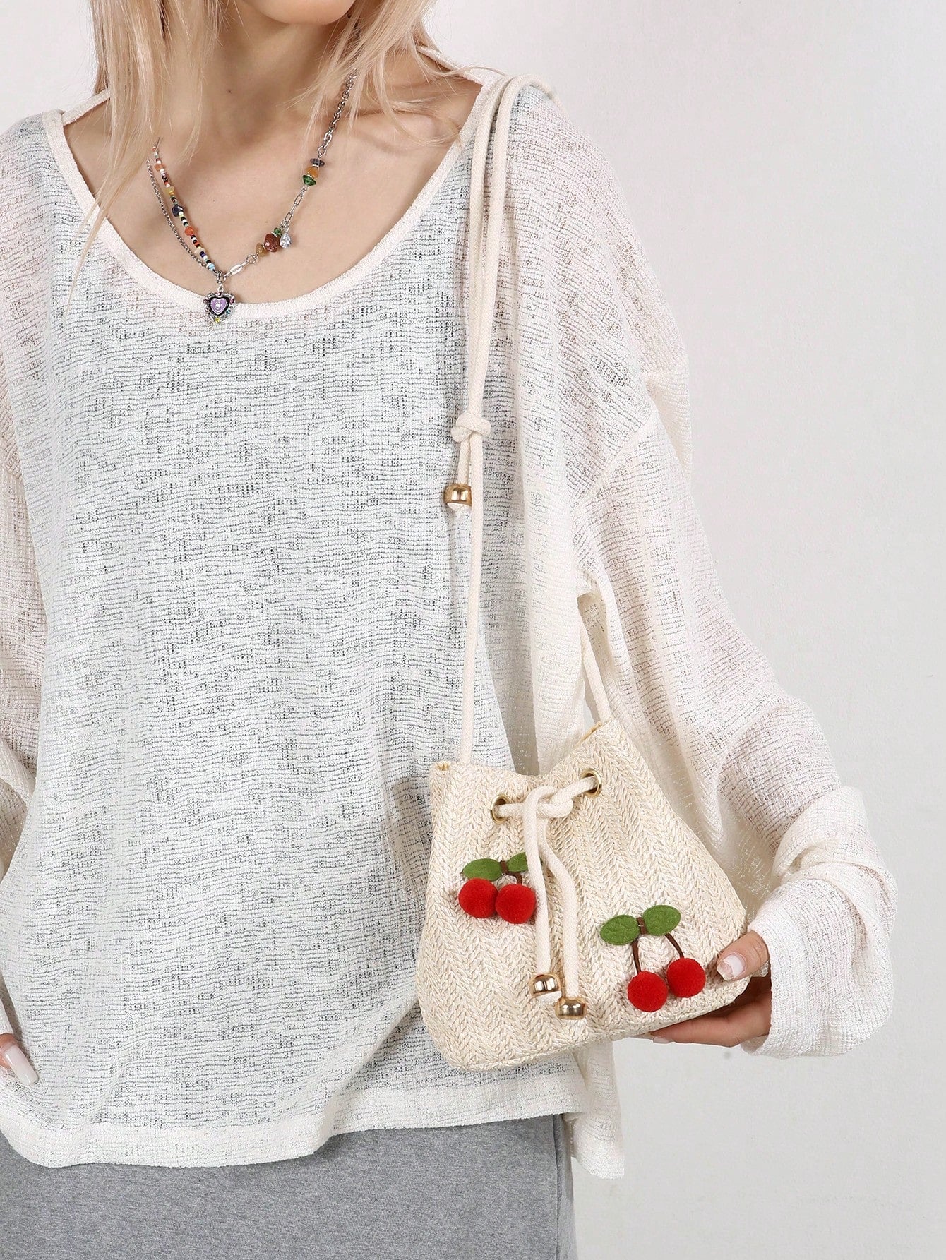 Women's Fashion Strawberry Applique Drawstring Straw Crossbody Bucket Bag
