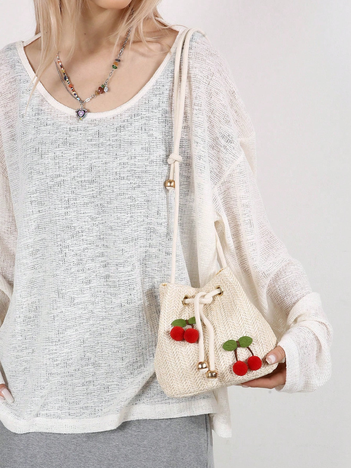 Women's Fashion Strawberry Applique Drawstring Straw Crossbody Bucket Bag