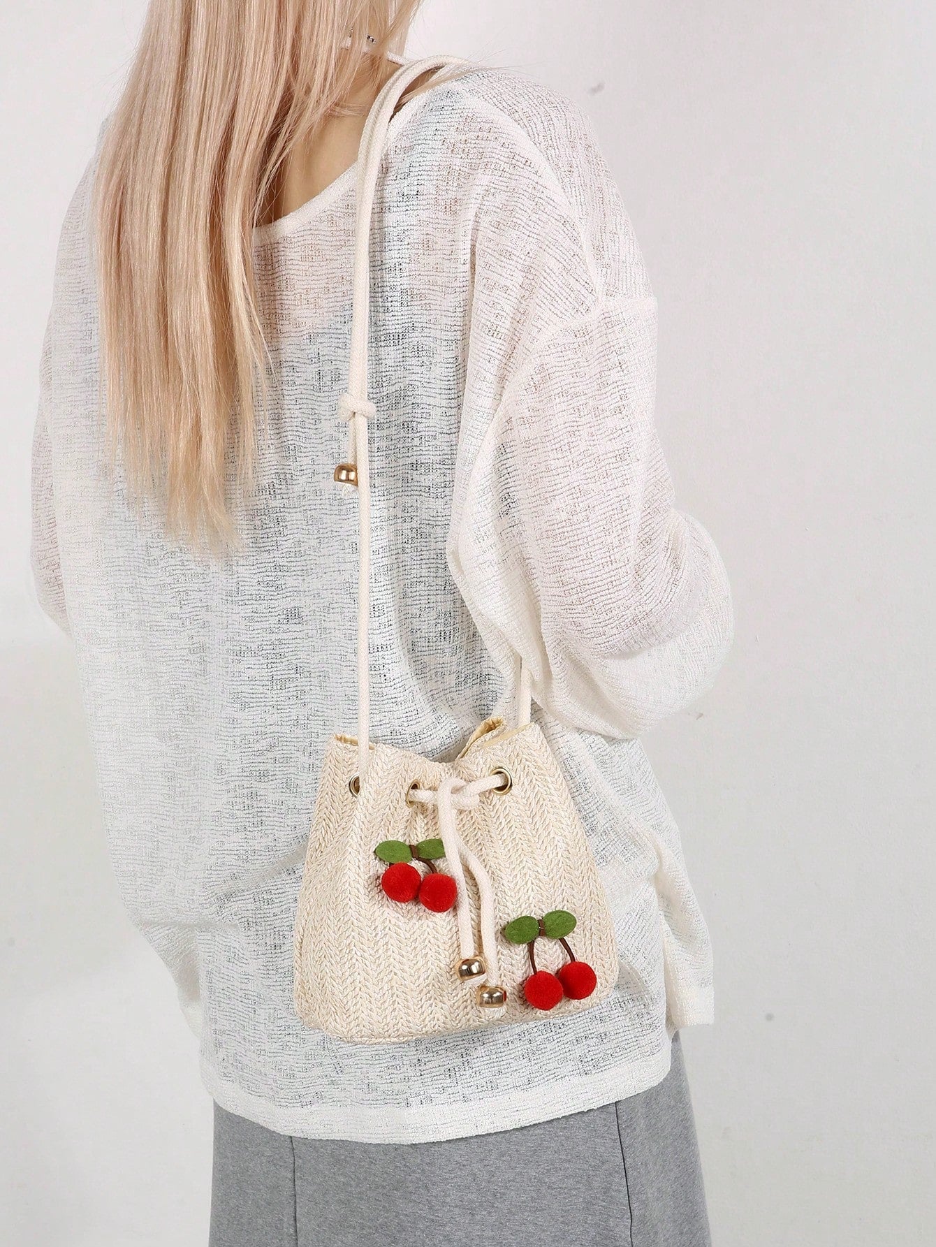 Women's Fashion Strawberry Applique Drawstring Straw Crossbody Bucket Bag