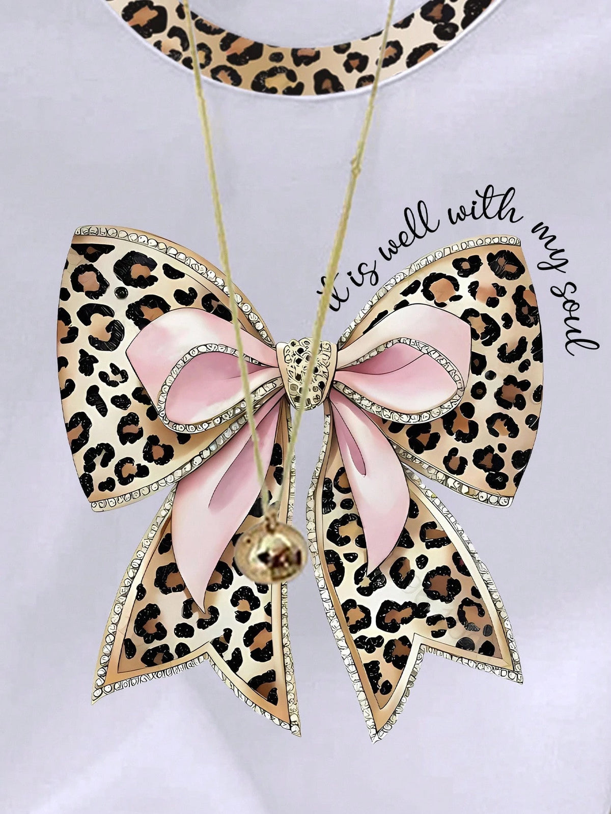 Women's Leopard Print Bow Decor Round Neck T-Shirt White
