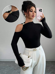 Women's Plus Size Hollow Out Shoulder Metallic Long Sleeve T-Shirt