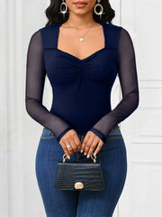 Women's Sweetheart Collar Slim Fit Mesh Patchwork Navy Blue T-Shirt