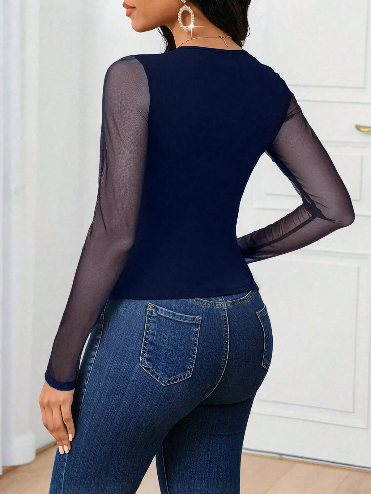 Women's Sweetheart Collar Slim Fit Mesh Patchwork Navy Blue T-Shirt