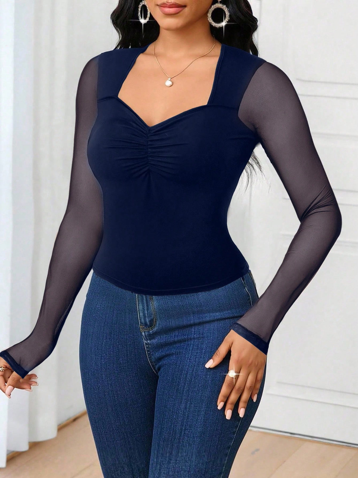 Women's Sweetheart Collar Slim Fit Mesh Patchwork Navy Blue T-Shirt