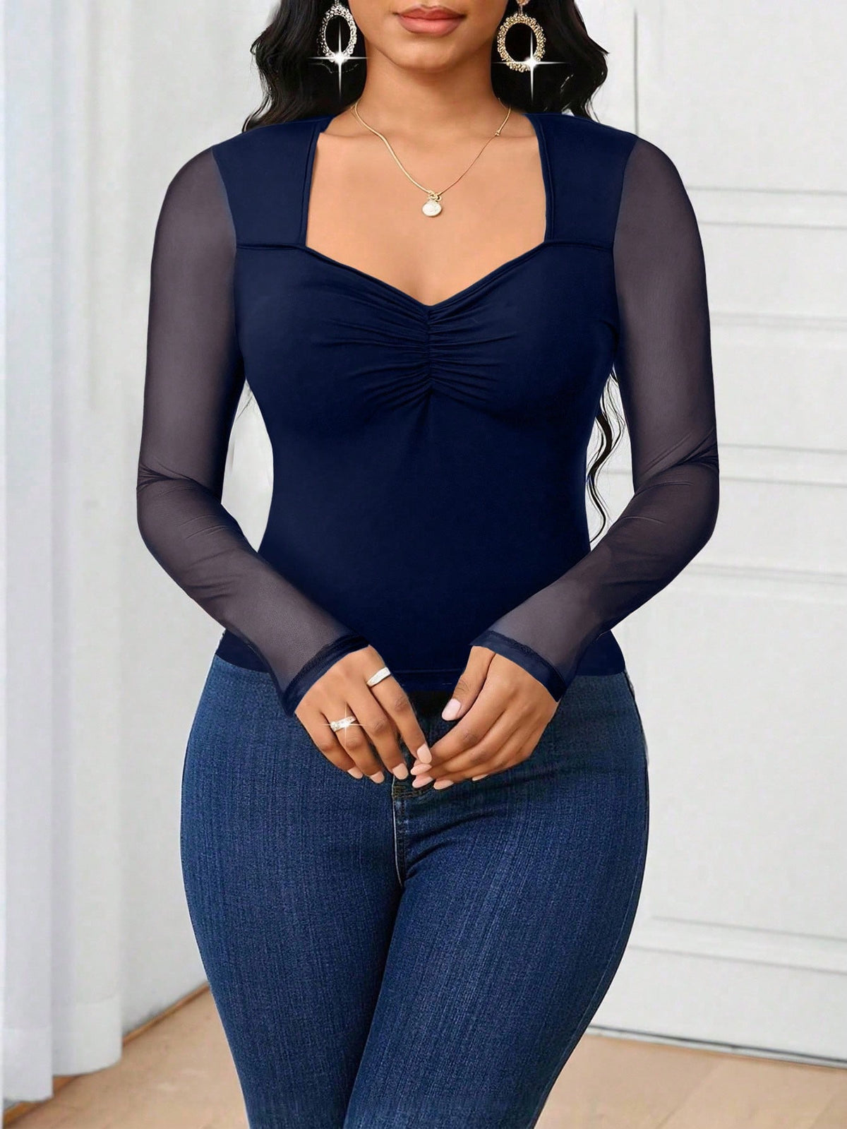 Women's Sweetheart Collar Slim Fit Mesh Patchwork Navy Blue T-Shirt