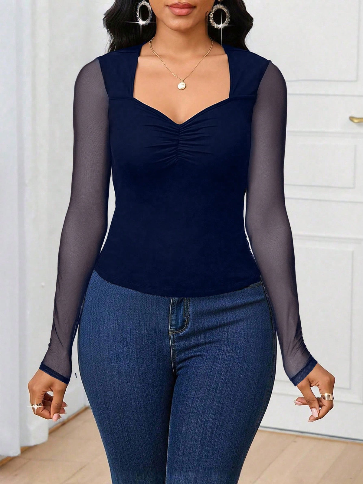 Women's Sweetheart Collar Slim Fit Mesh Patchwork Navy Blue T-Shirt
