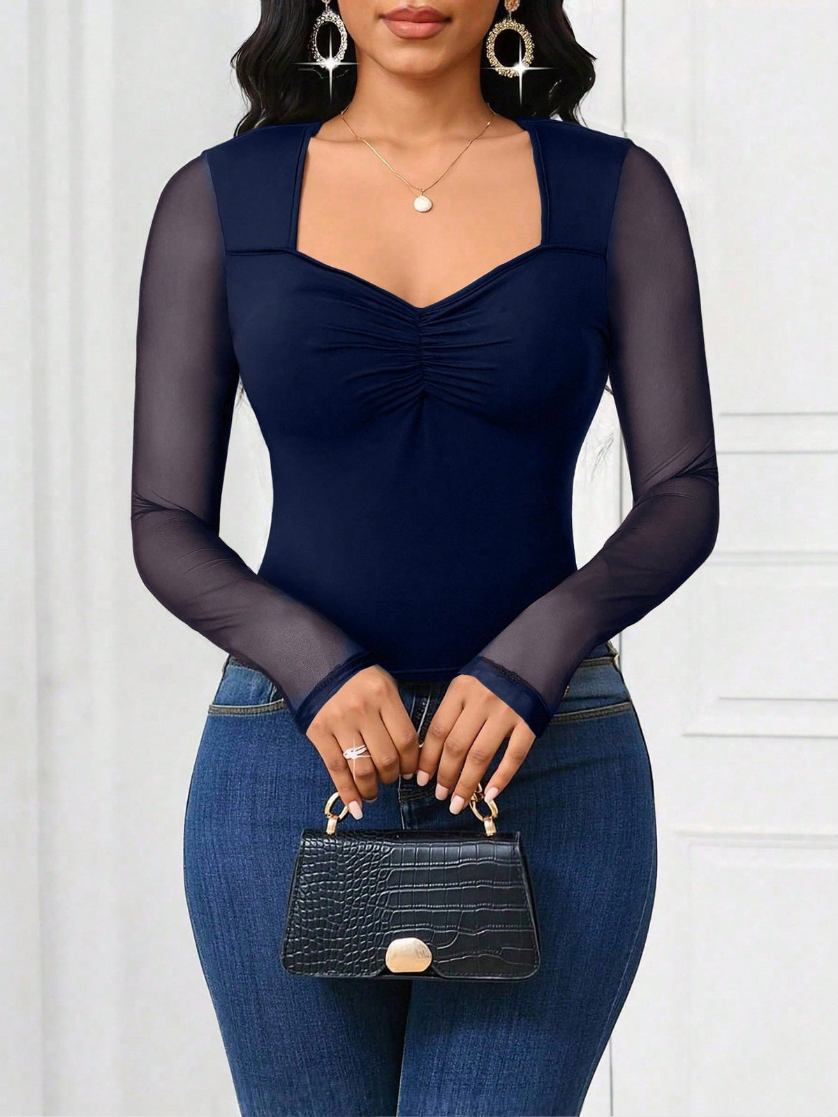Women's Sweetheart Collar Slim Fit Mesh Patchwork Navy Blue T-Shirt