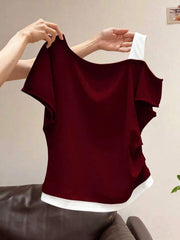 SHEIN Women's Oblique Shoulder 2 In 1 Short Sleeve T-Shirt Burgundy