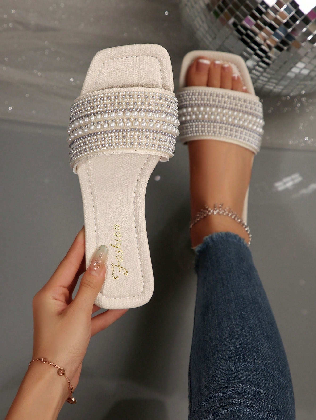 Women's Rhinestone Decor Square Toe Casual Flat Slide Sandals