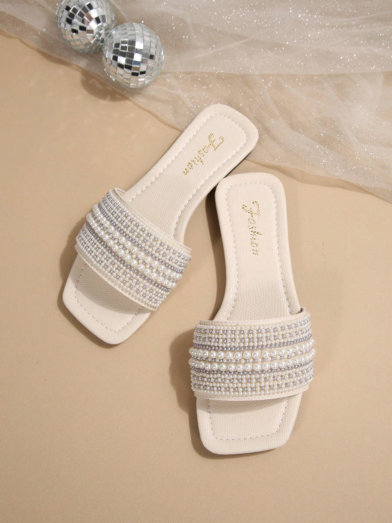 Women's Rhinestone Decor Square Toe Casual Flat Slide Sandals