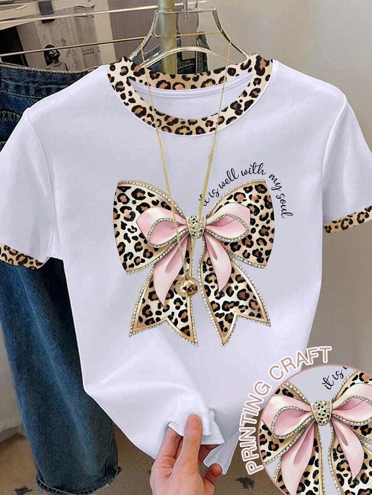 Women's Leopard Print Bow Decor Round Neck T-Shirt White