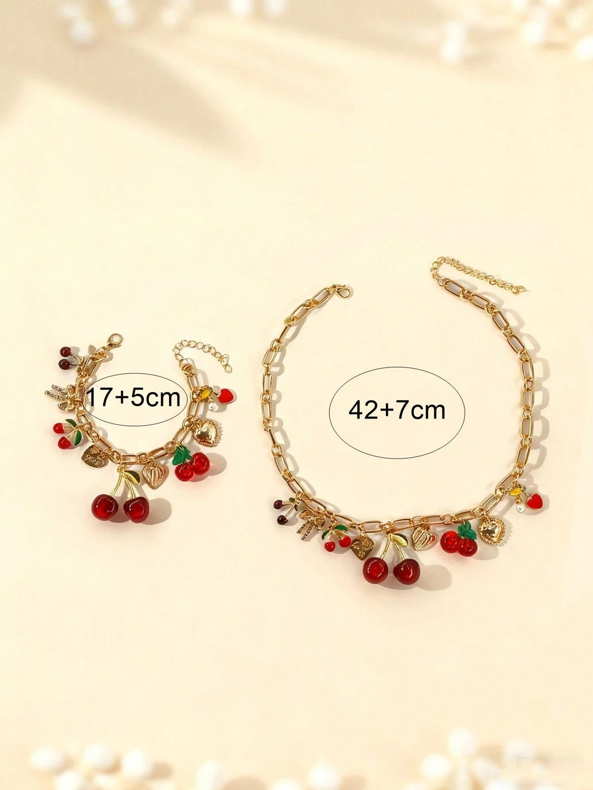 Women's Beaded Cherry Pendant Casual Daily Bracelet and Necklace Set