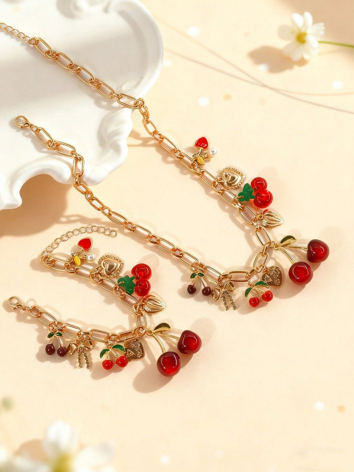 Women's Beaded Cherry Pendant Casual Daily Bracelet and Necklace Set