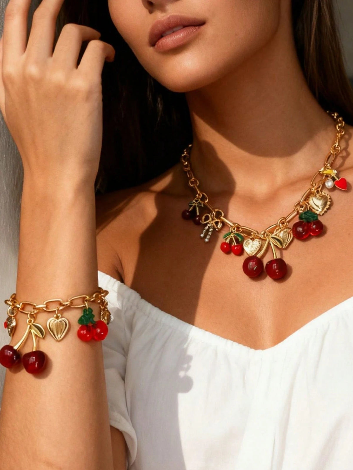 Women's Beaded Cherry Pendant Casual Daily Bracelet and Necklace Set