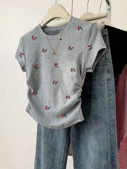 Women's Casual Cherry Print Ruched Waist Pullover Tee