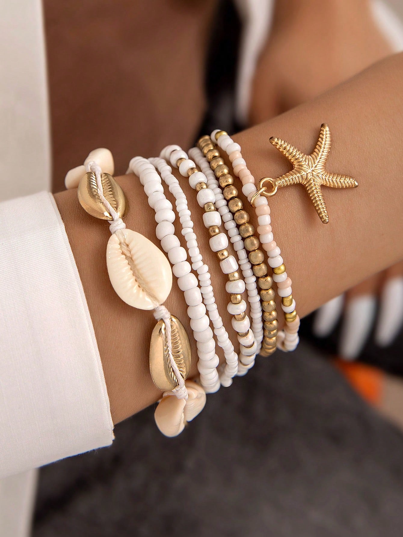 Women's Bohemian Starfish Pendant Multicolor Seed Bead Braided Bracelet Set