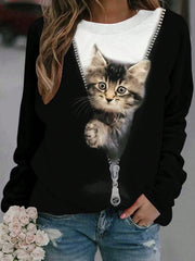 EMERY ROSE Women's Colorblock Cat Print Long Sleeve T-Shirt