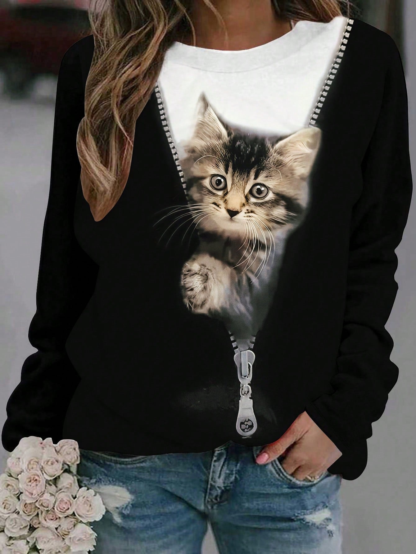 EMERY ROSE Women's Colorblock Cat Print Long Sleeve T-Shirt