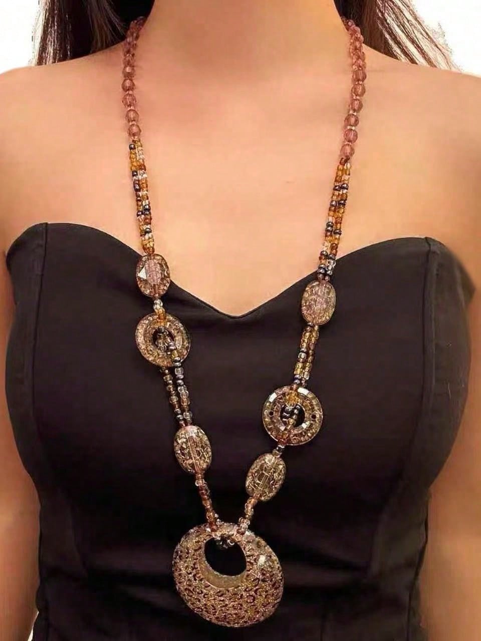 Women's Retro Leopard Beaded Oval Pendant Long Necklace