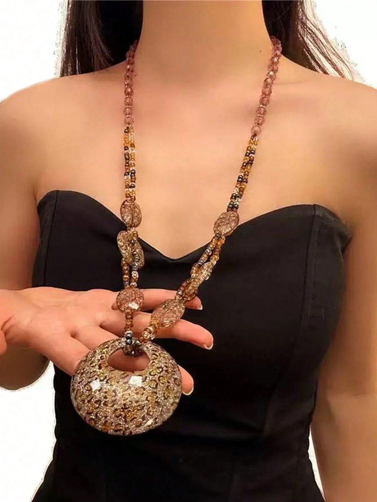 Women's Retro Leopard Beaded Oval Pendant Long Necklace