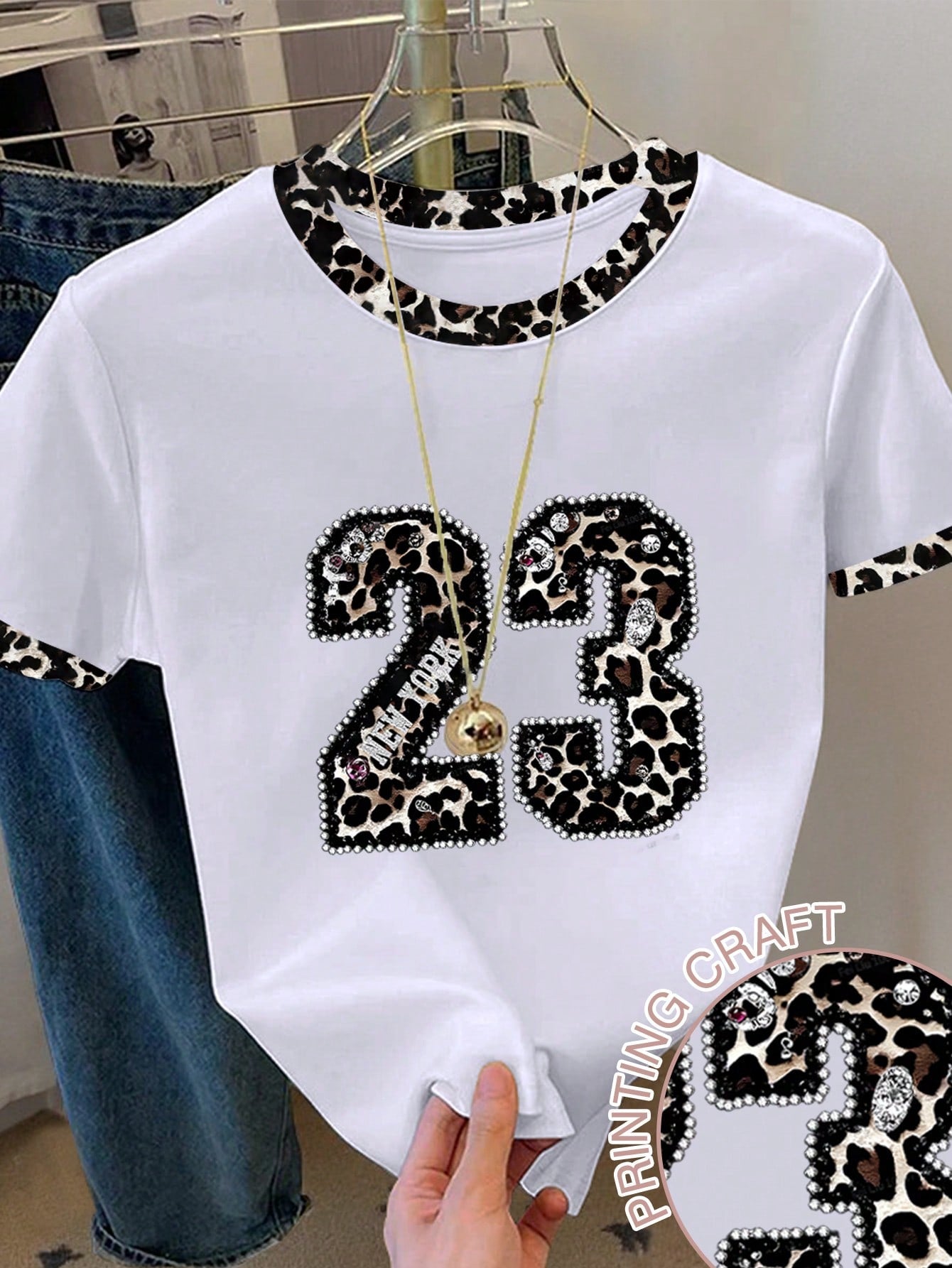 Resyla Women's Leopard Print Numeric Graphic Round Neck T-Shirt