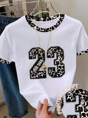 Resyla Women's Leopard Print Numeric Graphic Round Neck T-Shirt