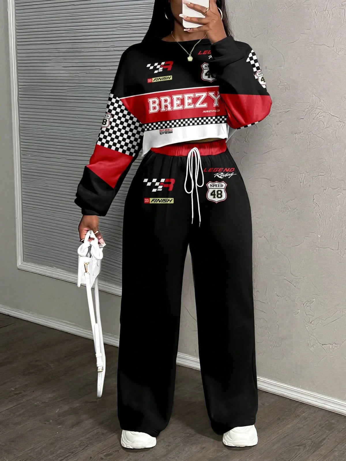 Women's Casual Racing Print Crop Tee and Sweatpants Set