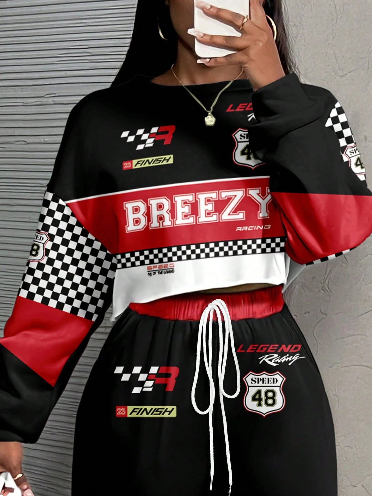 Women's Casual Racing Print Crop Tee and Sweatpants Set